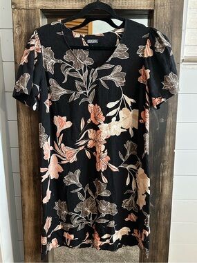 Linen Blend Floral mini Dress M Original Nicole Miller Black Pink Garden Party